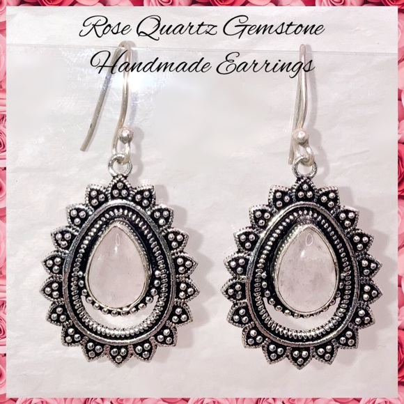 Rose Quartz Gemstone Silver Handmade Halo Earrings - Picture 1 of 3